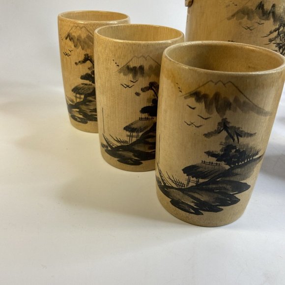 Tiki Bamboo Glasses & Ice Bucket Hand Painted Korean War Souvenir 50's Set of 7 - Picture 2 of 16